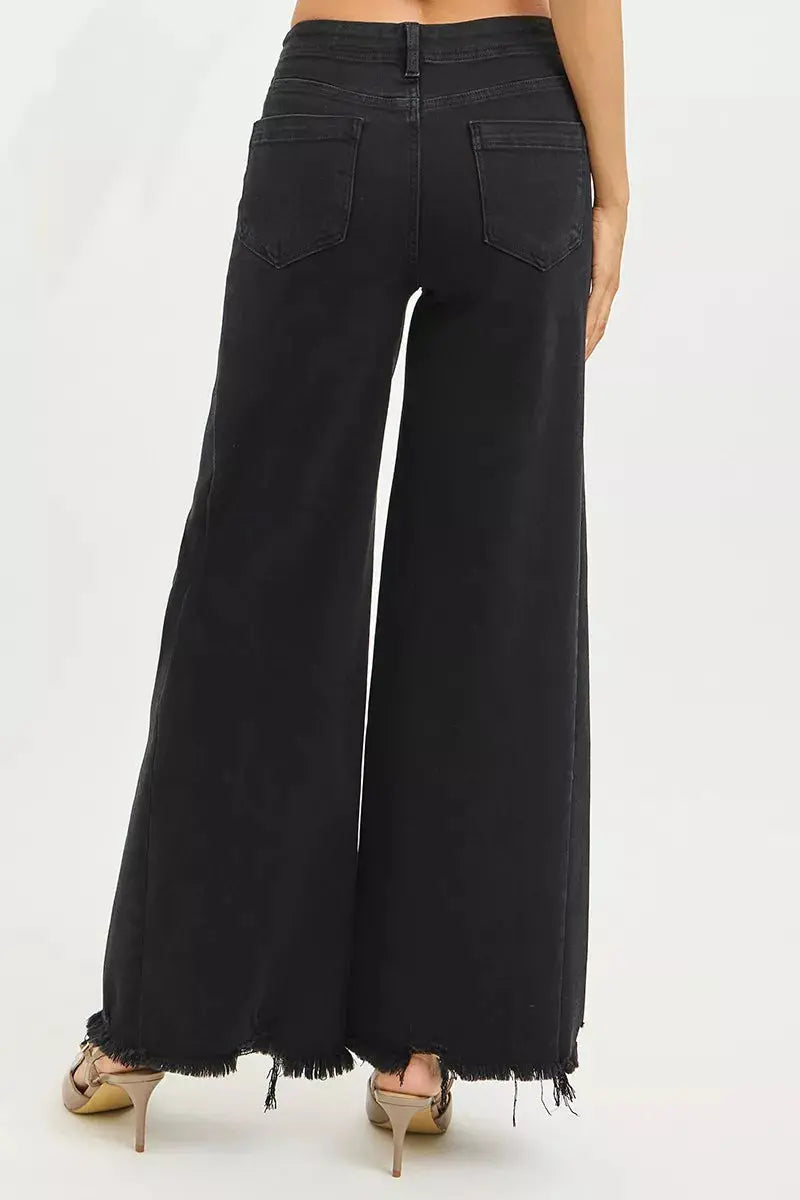 RISEN Tummy Control High Rise Palazzo Leg Frayed Hem Jeans  Style Ratio