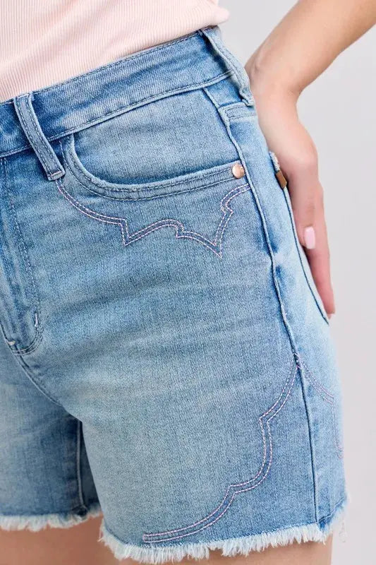 Judy Blue High Waist Western Embroidery Detail Cut Off Denim Shorts  Style Ratio