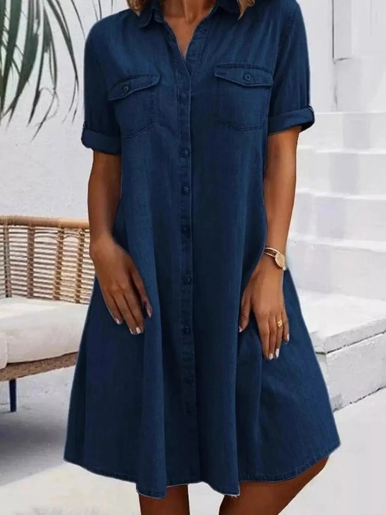 Full Size Button-Front Short Sleeve Denim Dress  Style Ratio