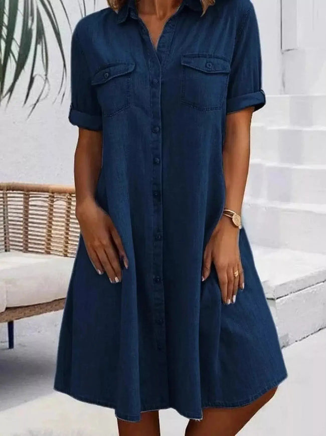 Full Size Button-Front Short Sleeve Denim Dress  Style Ratio