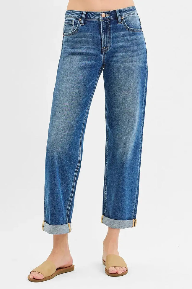 RISEN Full Size Mid Rise Boyfriend Roll Up Jeans  Style Ratio