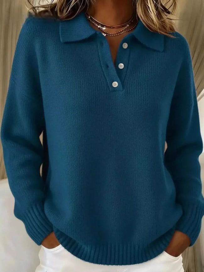 Full Size Half Button Collar Drop Shoulder Sweater  Style Ratio