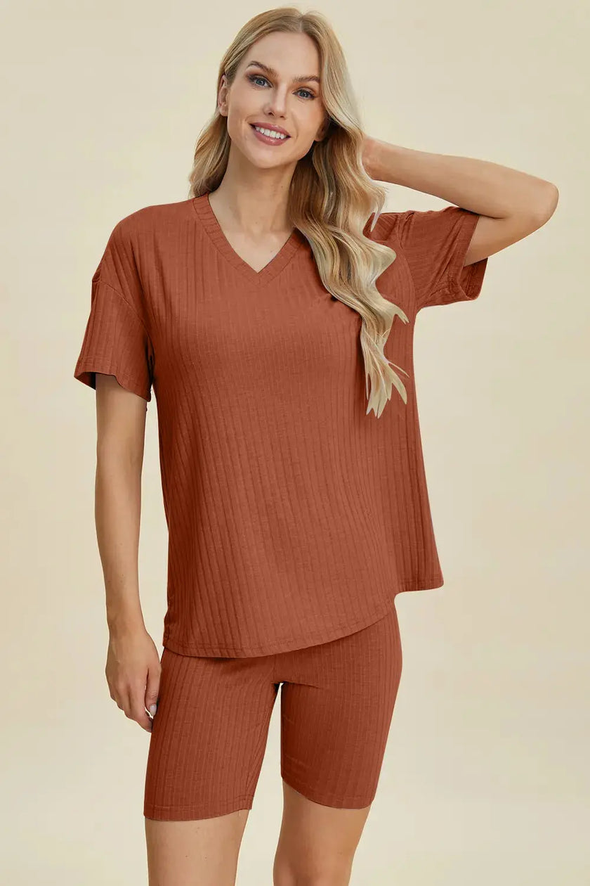 Basic Bae Full Size Ribbed V-Neck Short Sleeve Top and Shorts Loungewear  Style Ratio