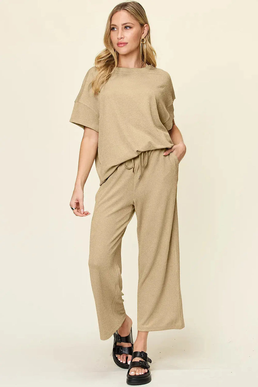 Double Take Texture Round Neck Short Sleeve Shirt and Wide Leg Pants  Style Ratio