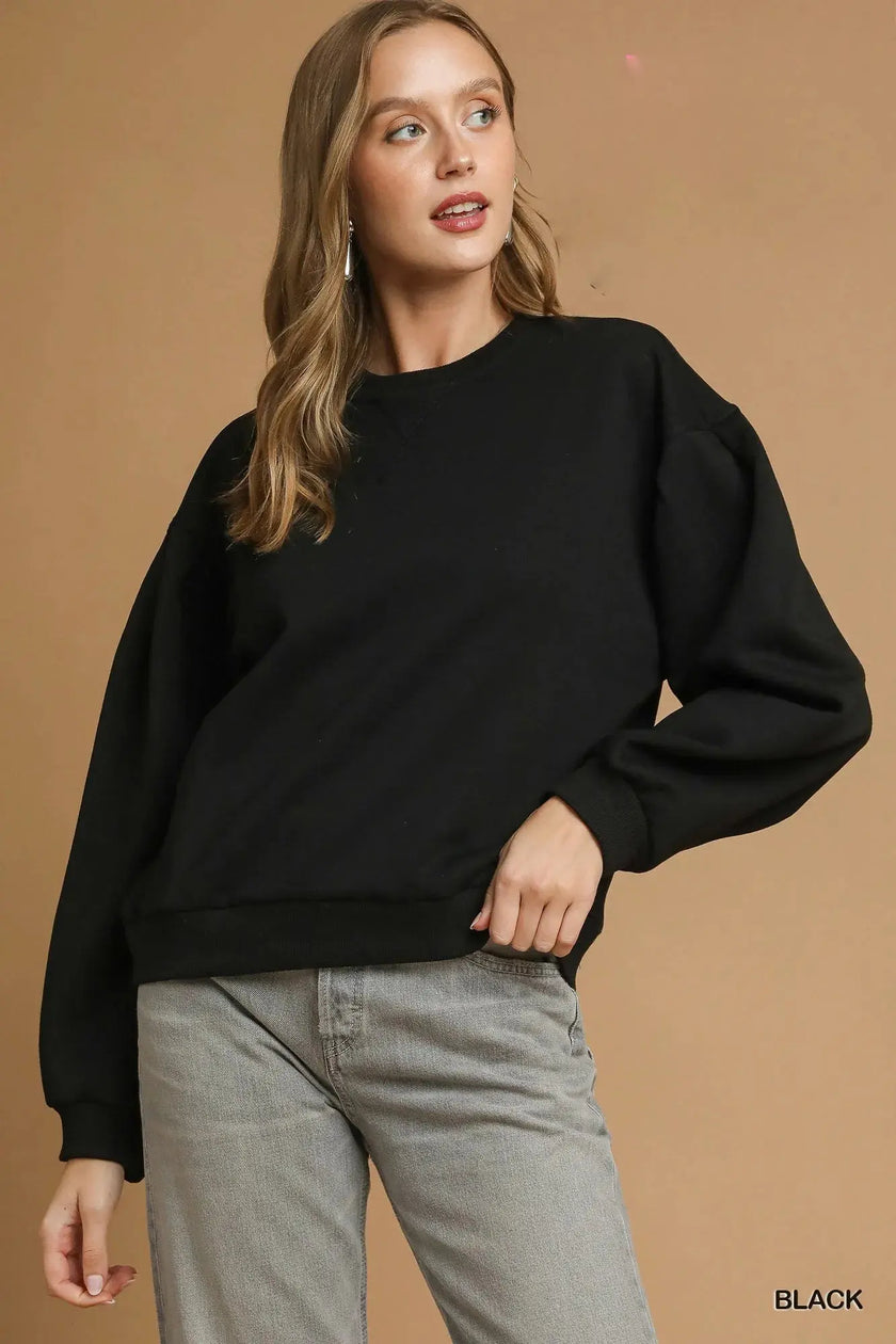Umgee Round Neck Sweatshirt with Pleated Detail  Style Ratio