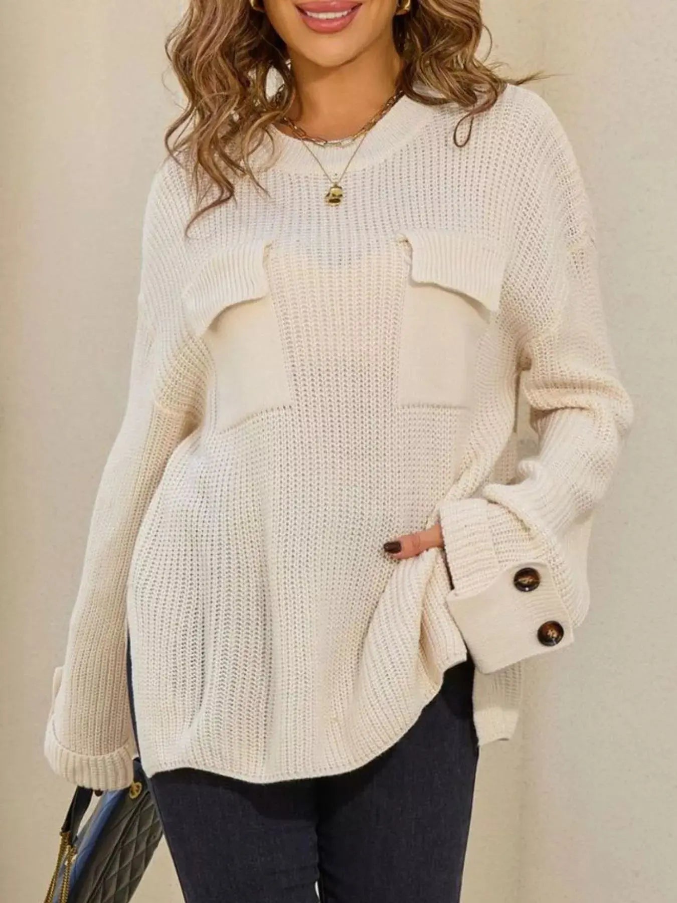 Pocket Detail Round Neck Sweater  Style Ratio