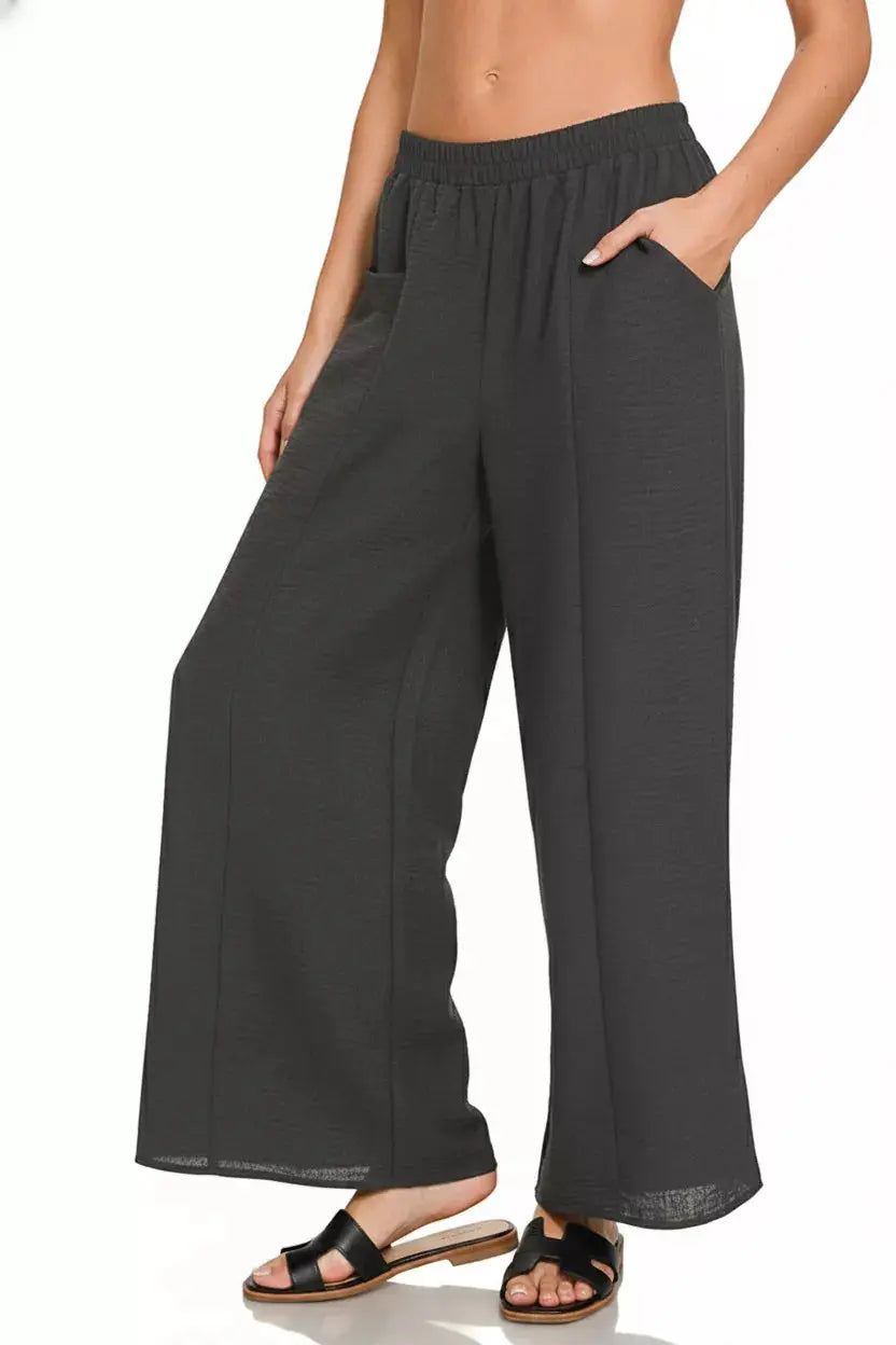 Zenana Woven Airflow Elastic Waistband Pants  Style Ratio