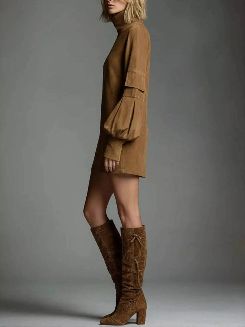Turtleneck Lantern Sleeve Mini Dress with Pockets  Style Ratio