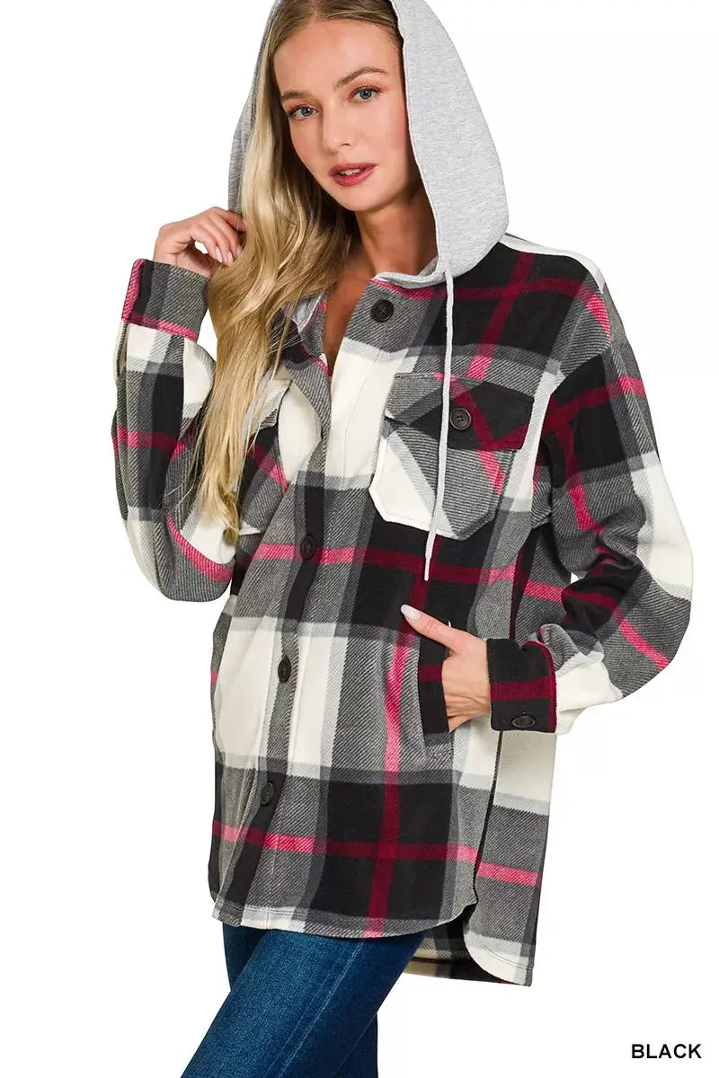 Zenana Plaid Drawstring Hooded Fleece Shacket  Style Ratio