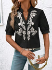Embroidered Notched Short Sleeve Blouse  Style Ratio