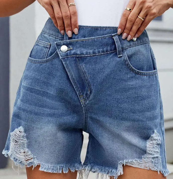 Distressed Raw Hem Asymmetrical Waist Denim Shorts  Style Ratio