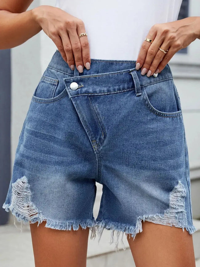 Distressed Raw Hem Asymmetrical Waist Denim Shorts  Style Ratio