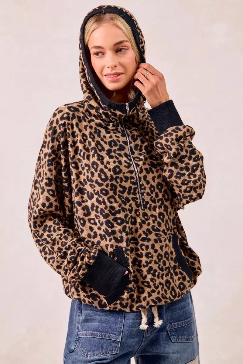 BiBi Leopard Print Waffle Half Zip Up Hoodie W Pocket  Style Ratio