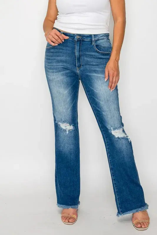 bytos Full Size Raw Hem Distressed High Rise Bootcut Jeans  Style Ratio