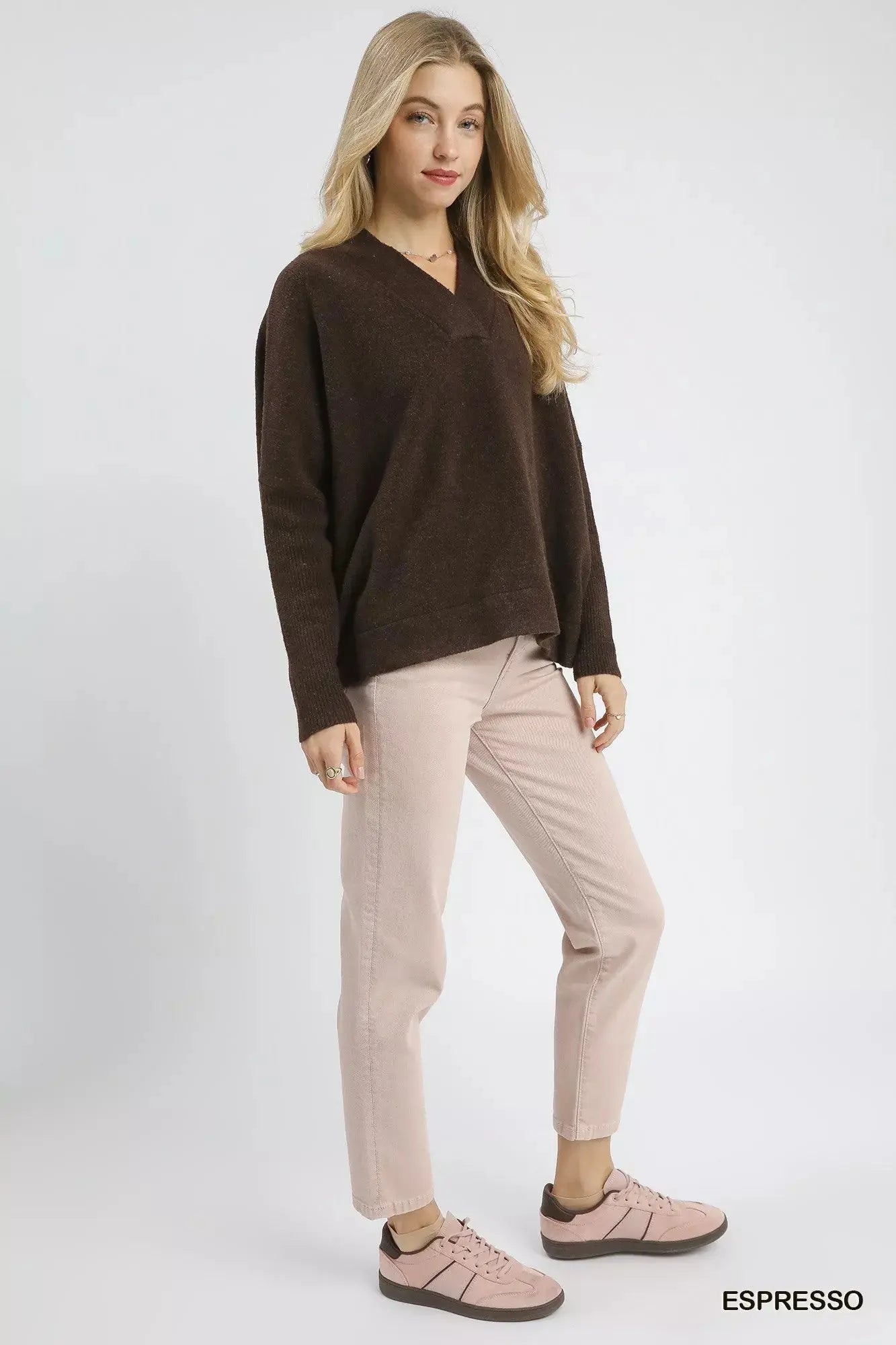 Umgee V-Neck Sweater with Wide Trim Detail  Style Ratio