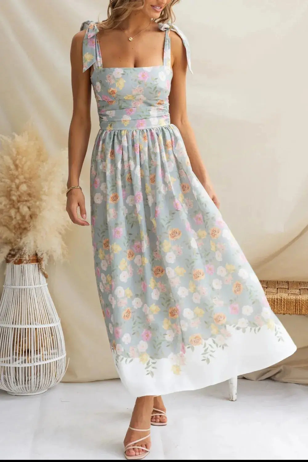 Printed Tie Shoulder Midi Cami Dress  Style Ratio