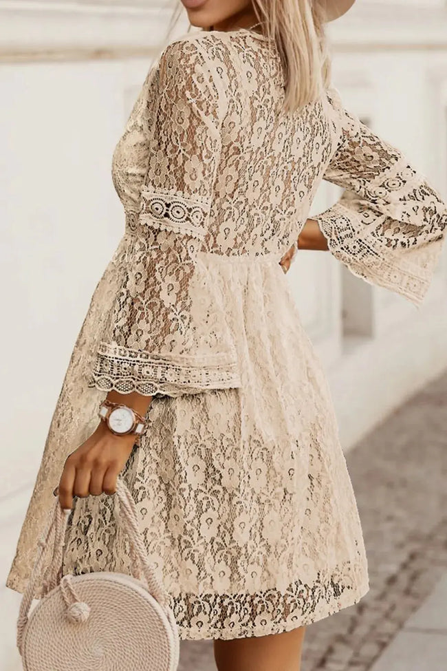 Lace V-Neck Three-Quarter Sleeve Dress  Style Ratio
