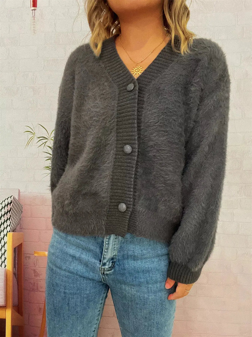 Fuzzy Button-Up Long Sleeve Cardigan  Style Ratio