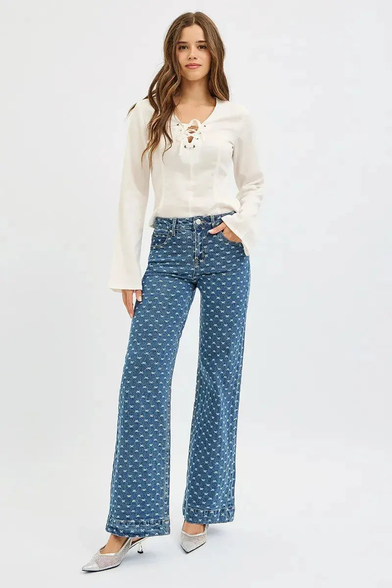 RISEN High Rise Wide Leg Bow Embroidered Jeans  Style Ratio