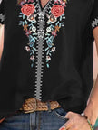 Full Size Floral Notched Short Sleeve Blouse  Style Ratio