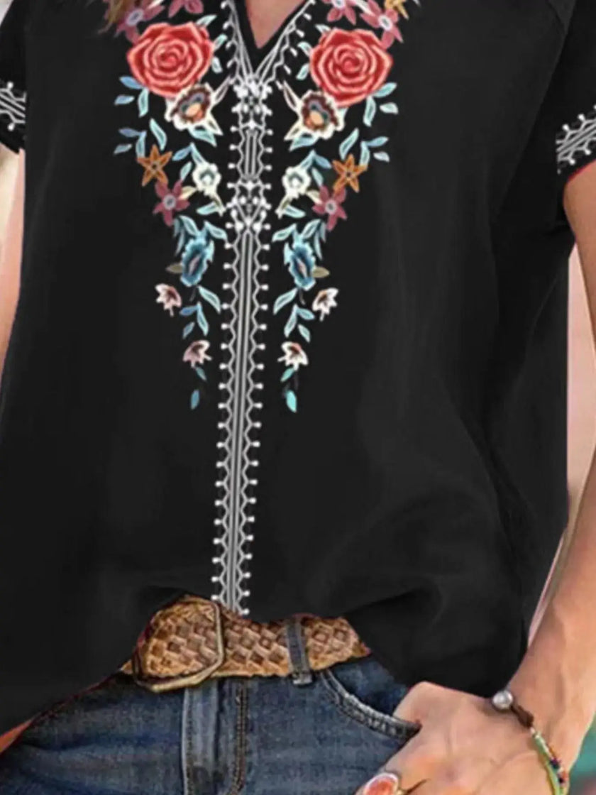 Full Size Floral Notched Short Sleeve Blouse  Style Ratio