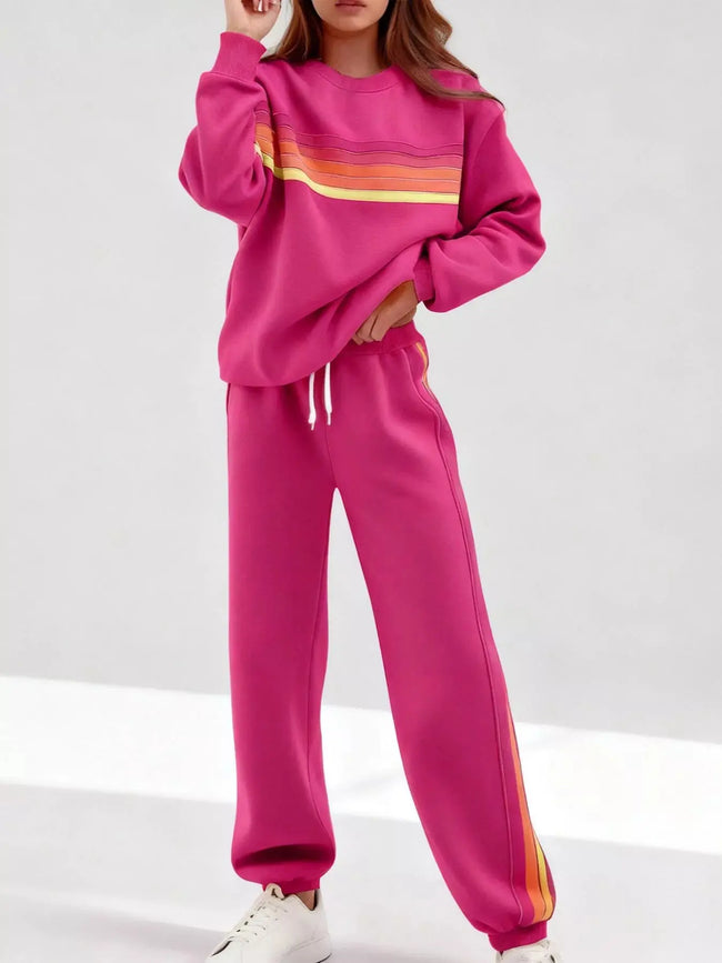 Striped Round Neck Sweatshirt and Pants Set  Style Ratio