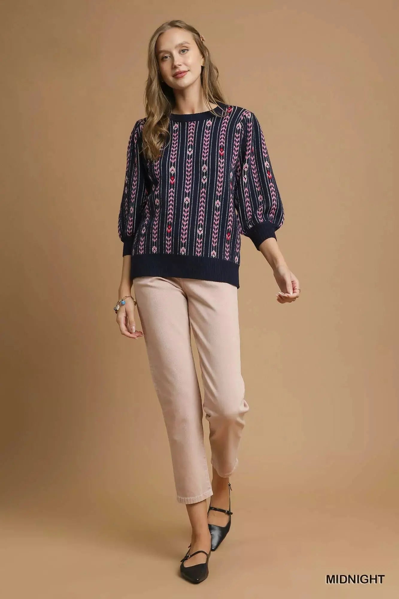 Umgee Jacquard Knit Puff Sleeve Sweater  Style Ratio
