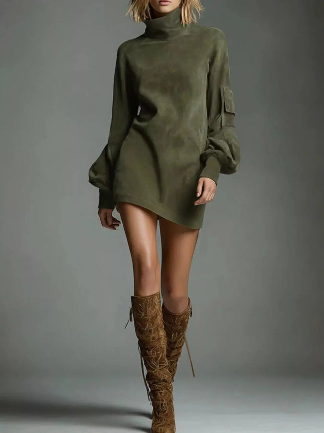 Turtleneck Lantern Sleeve Mini Dress with Pockets  Style Ratio