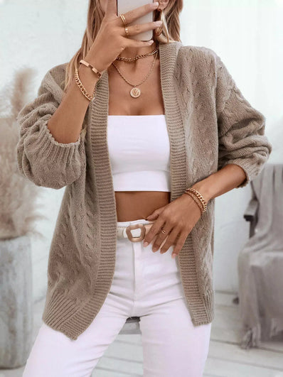 Cable Knit Open Front Hooded Cardigan  Style Ratio