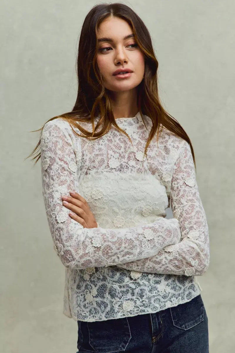 SO ME Lace 3d Effect Floral Layering Long Sleeve Top  Style Ratio