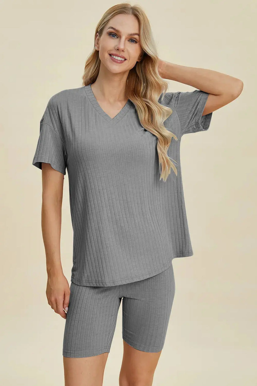 Basic Bae Full Size Ribbed V-Neck Short Sleeve Top and Shorts Loungewear  Style Ratio