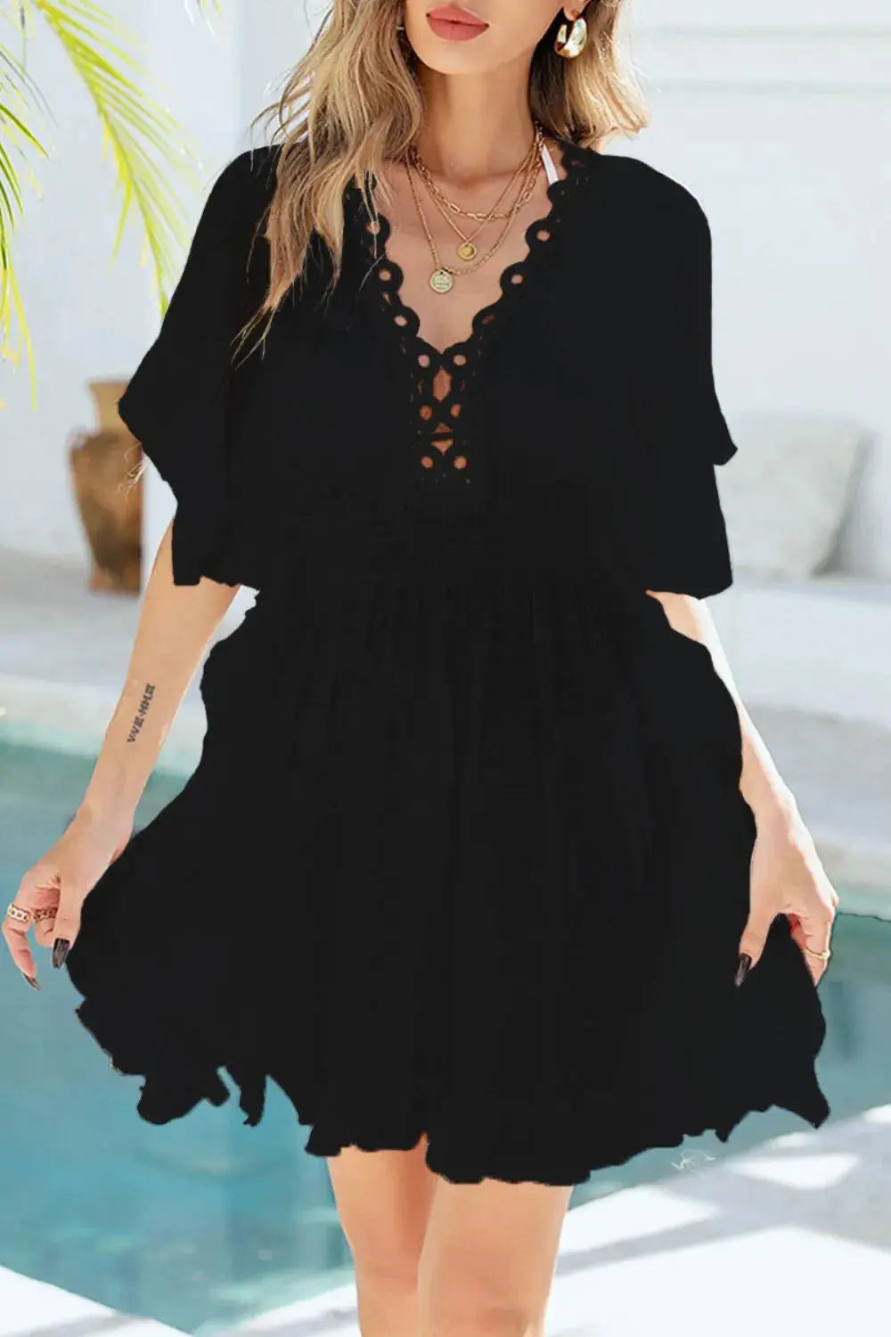 Ruffled Smocked Waist V-Neck Cover-Up  Style Ratio