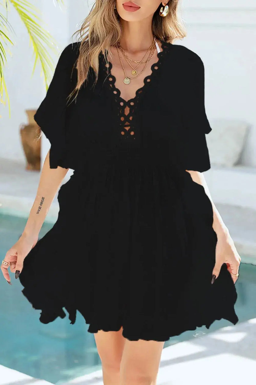 Ruffled Smocked Waist V-Neck Cover-Up  Style Ratio