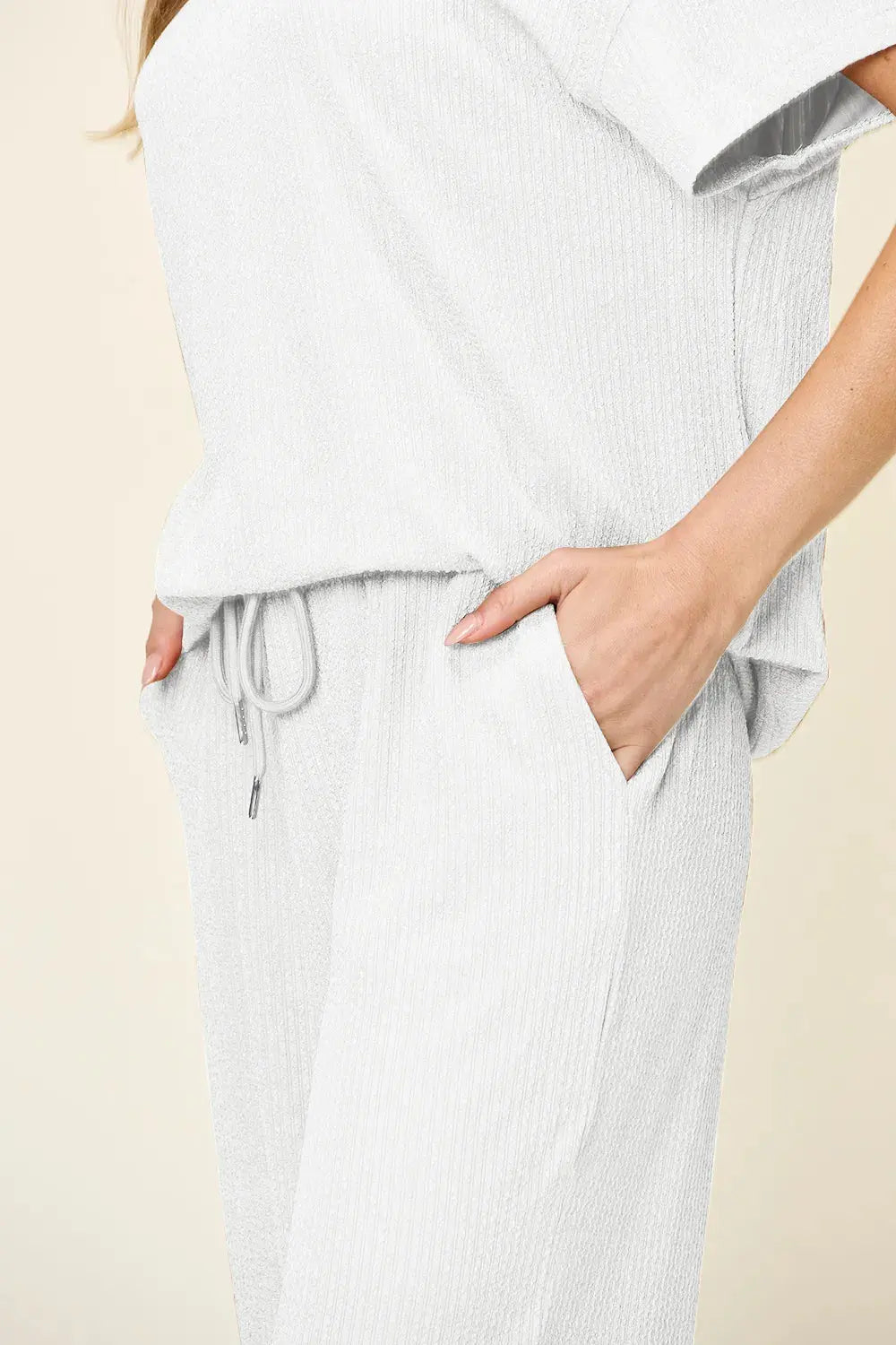 Double Take Texture Round Neck Short Sleeve Shirt and Wide Leg Pants  Style Ratio