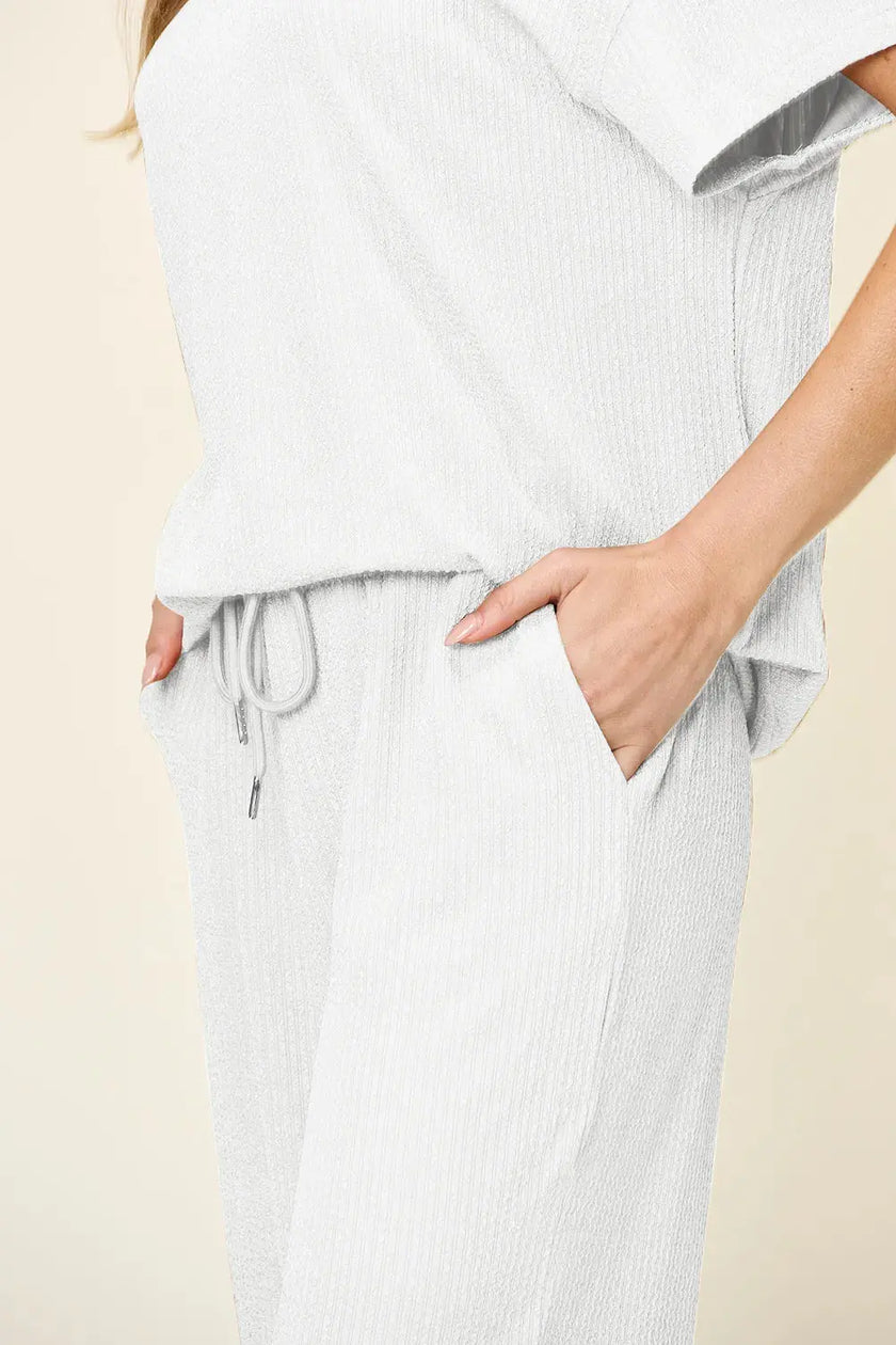Double Take Texture Round Neck Short Sleeve Shirt and Wide Leg Pants  Style Ratio