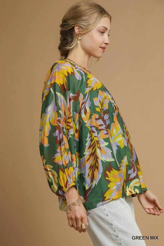 Umgee Mix Abstract Print Balloon Sleeve Blouse  Style Ratio