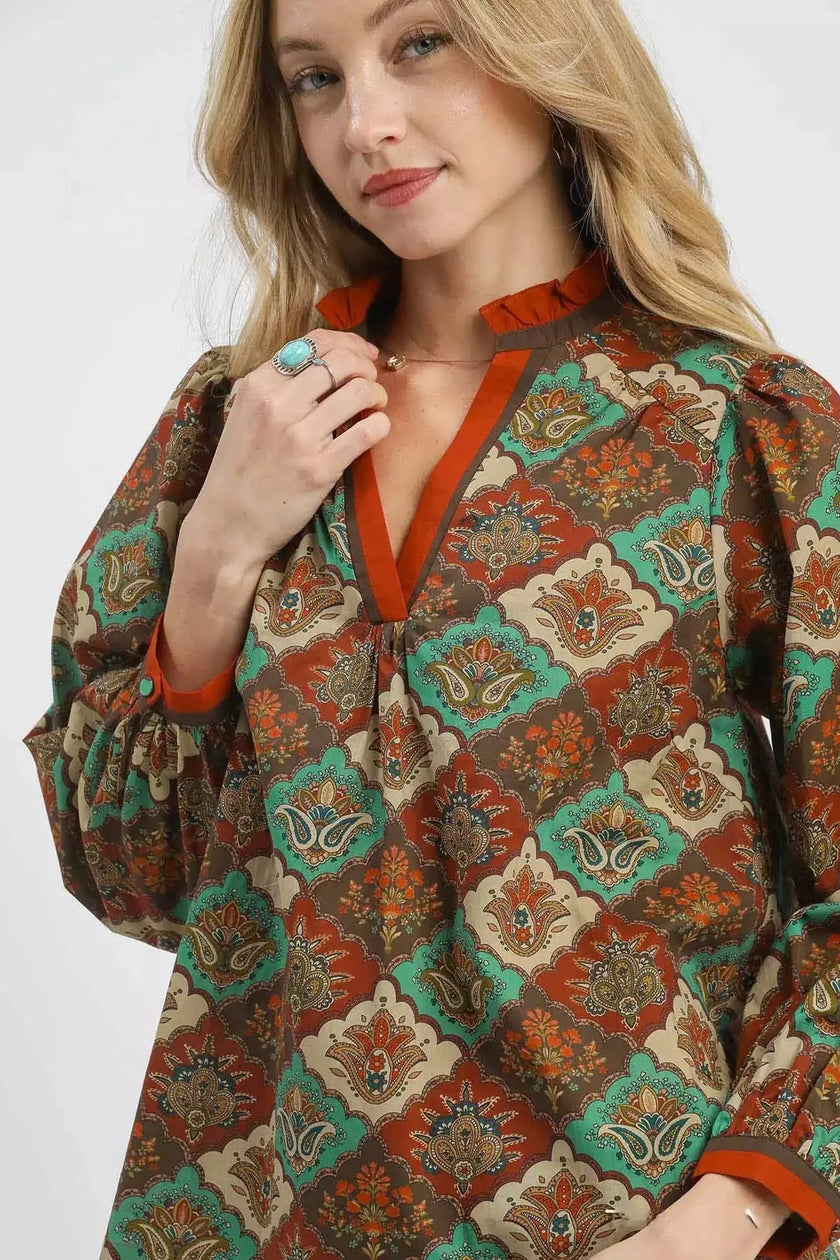 Umgee Abstract Print Ruffle Neck Blouse  Style Ratio