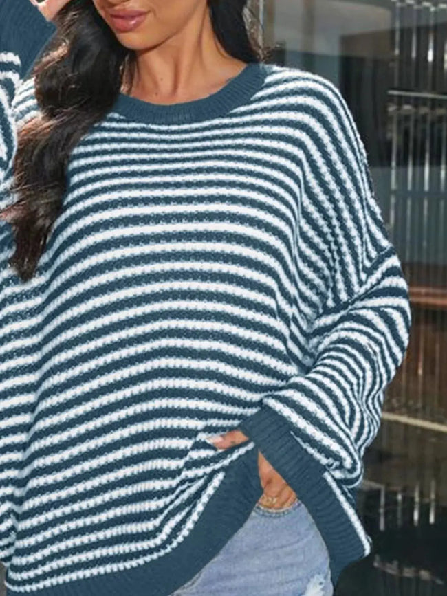 Striped Round Neck Drop Shoulder Sweater  Style Ratio
