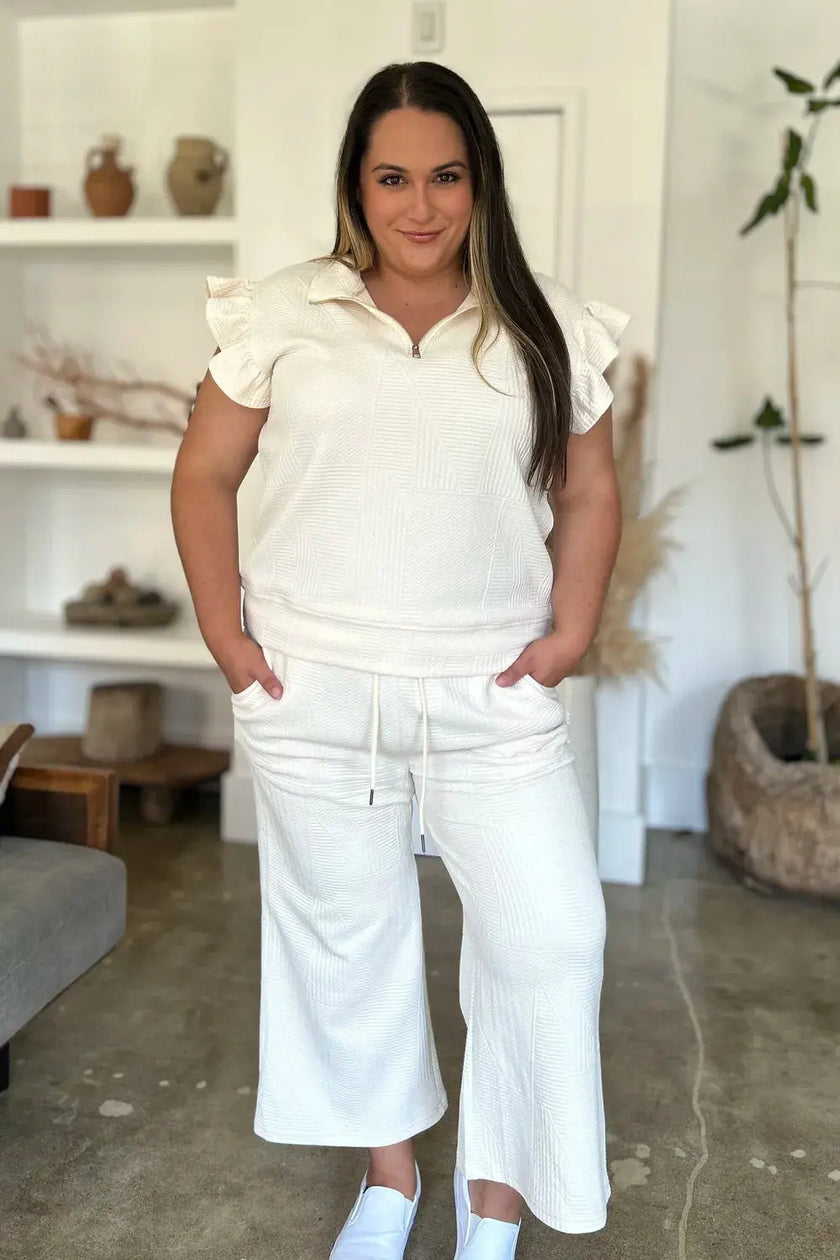 Double Take Full Size Texture Ruffle Short Sleeve Top and Wide Leg Pants Set  Style Ratio