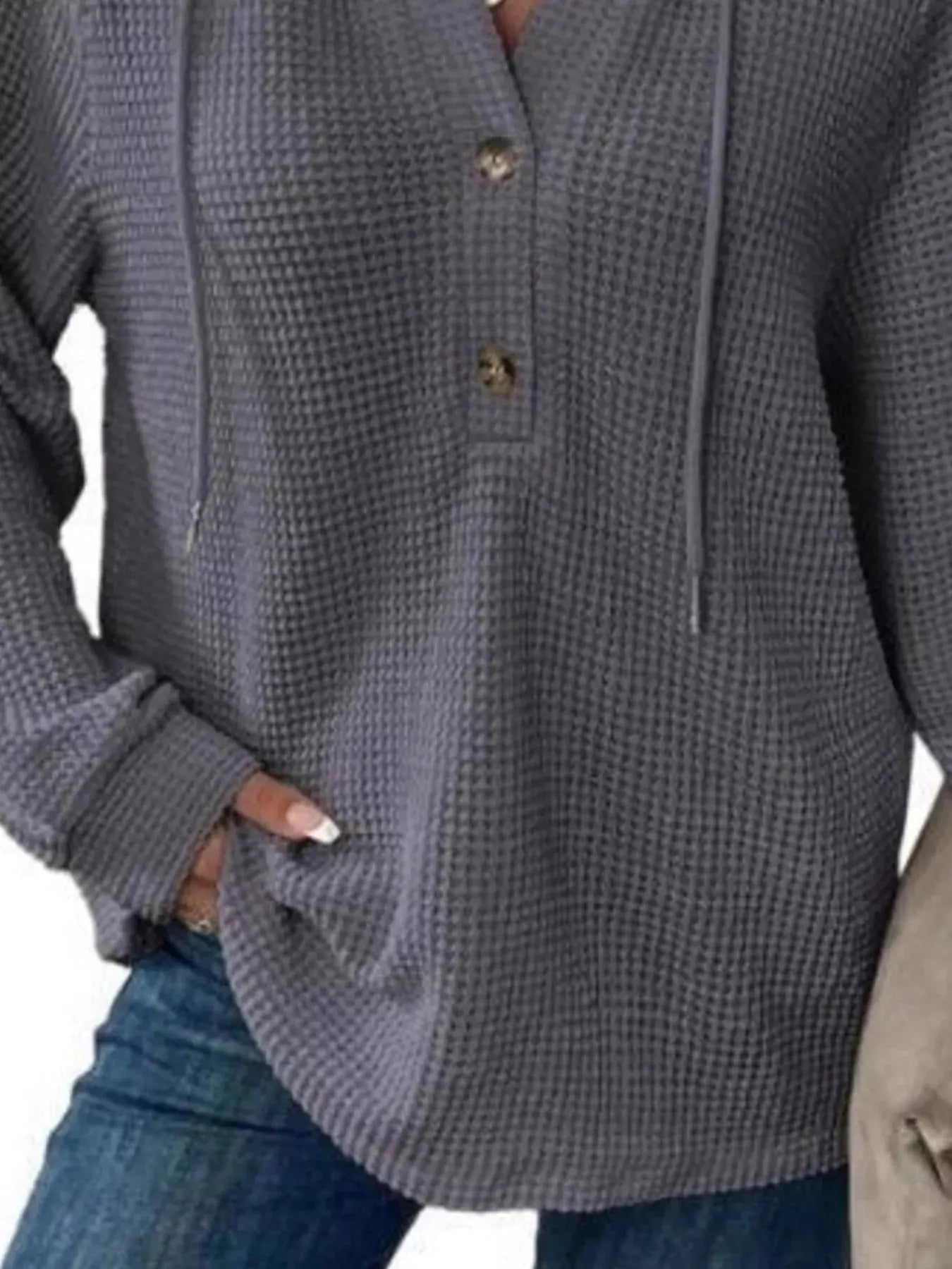 Full Size Button Detail Waffle Knit Hoodie  Style Ratio