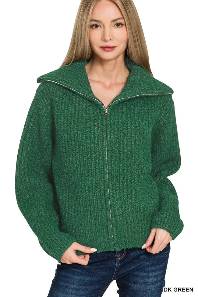 Zenana High Neck Full Zip Sweater Cardigan  Style Ratio