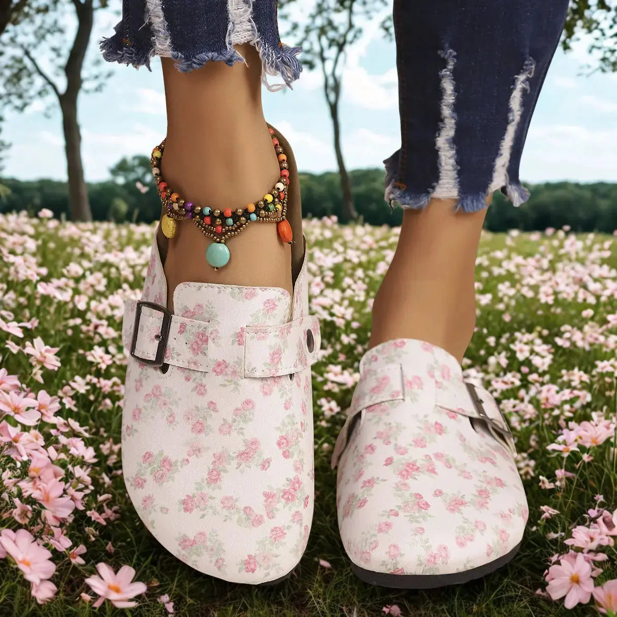 Floral Print Buckle Decor Slip-Ons  Style Ratio