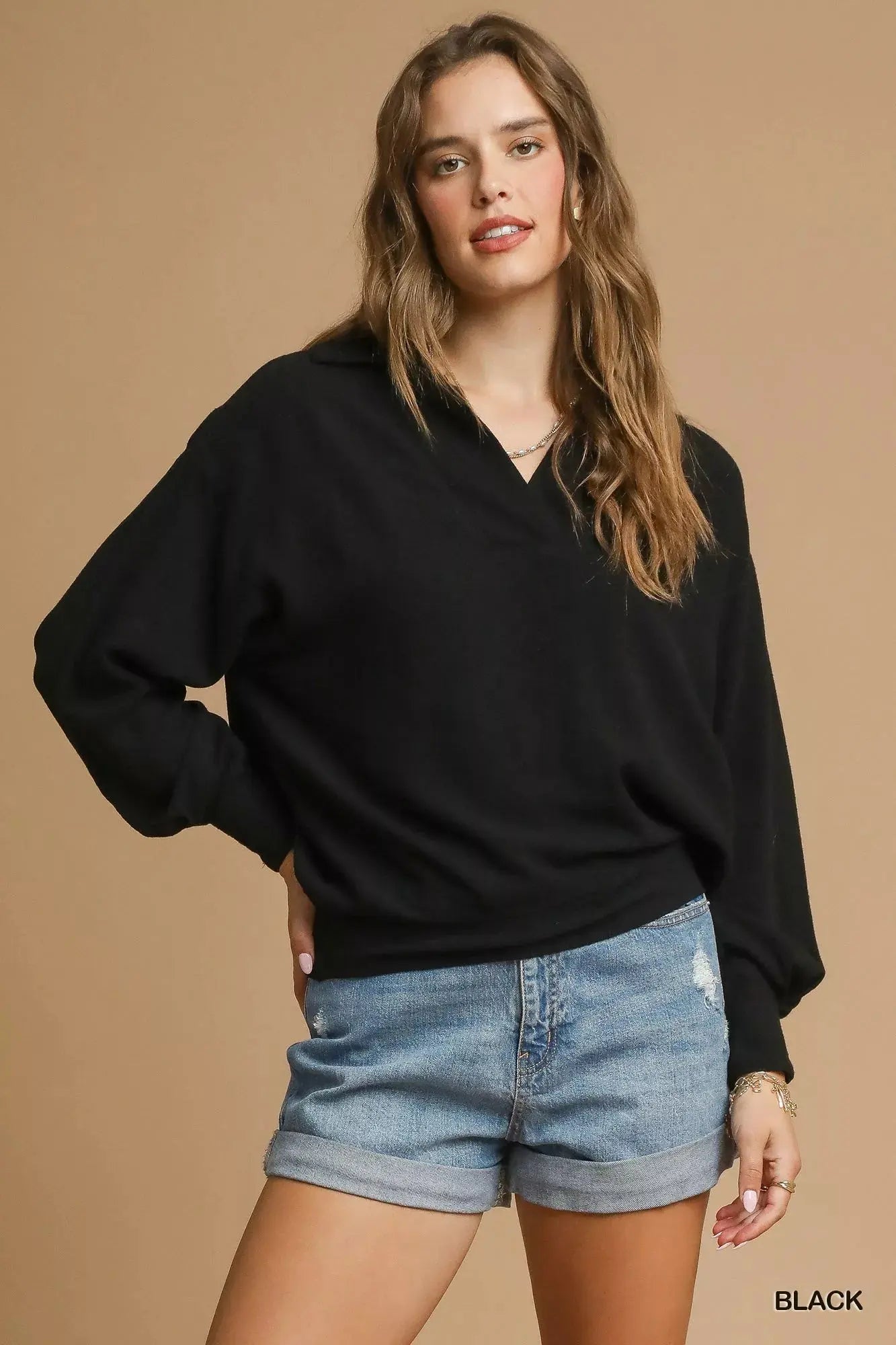 Umgee Linen Long Sleeves Elastic Hem Blouse  Style Ratio