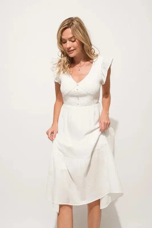 And The Why Ruffle Sleeve Front Smocked Tiered Midi Dress  Style Ratio