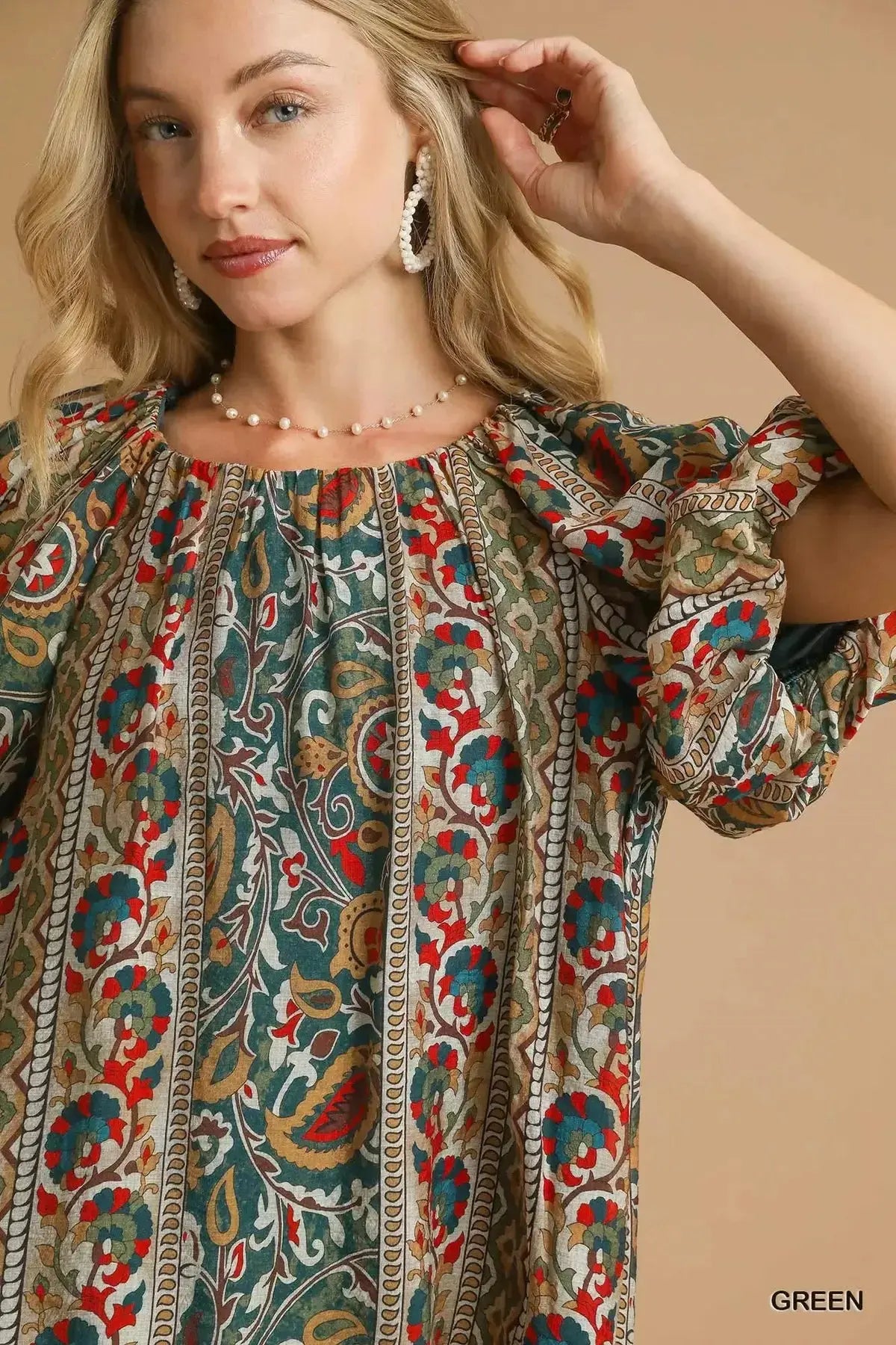 Umgee Boho Floral Stripe Puff Sleeve Blouse  Style Ratio