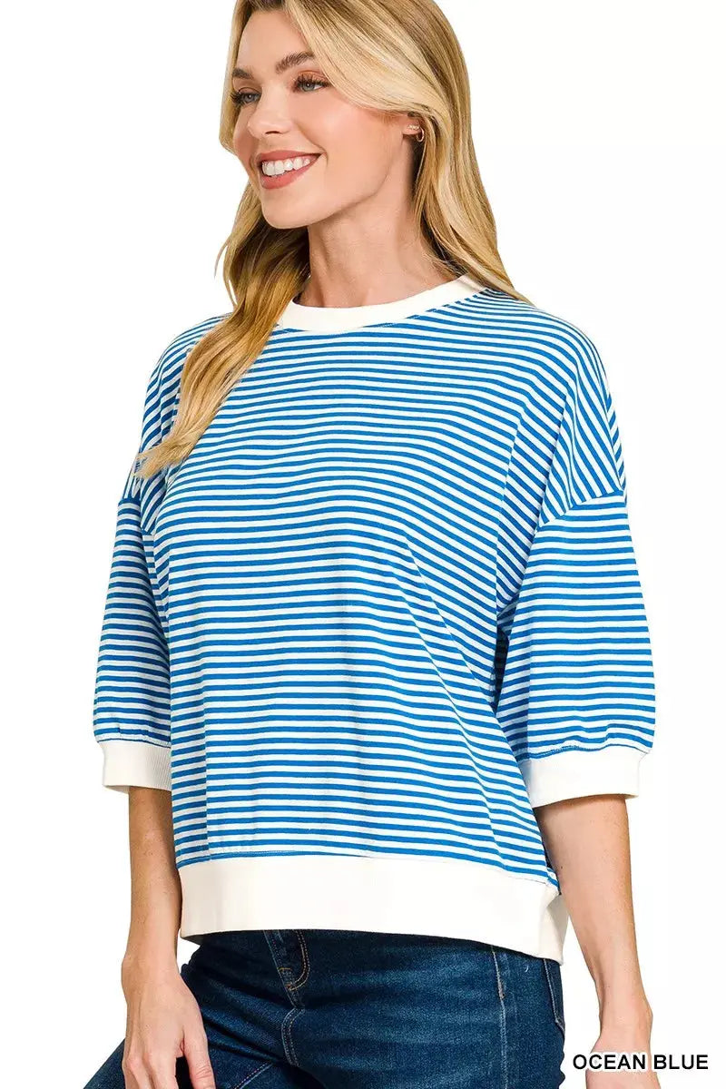 Zenana Striped Contrast Trim Banded Bottom Top  Style Ratio