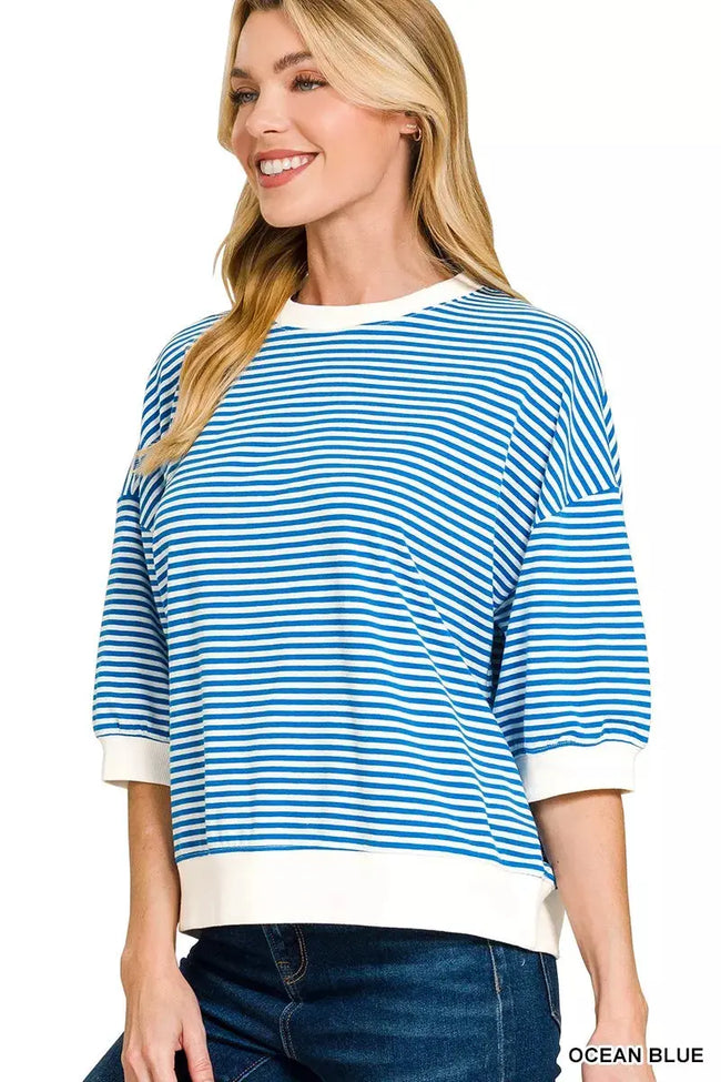 Zenana Striped Contrast Trim Banded Bottom Top  Style Ratio
