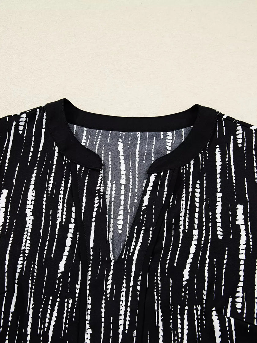 Abstract Printed Notched Long Sleeve Blouse  Style Ratio