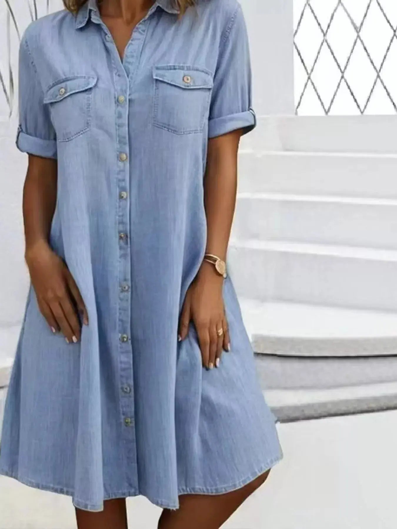 Full Size Button-Front Short Sleeve Denim Dress  Style Ratio