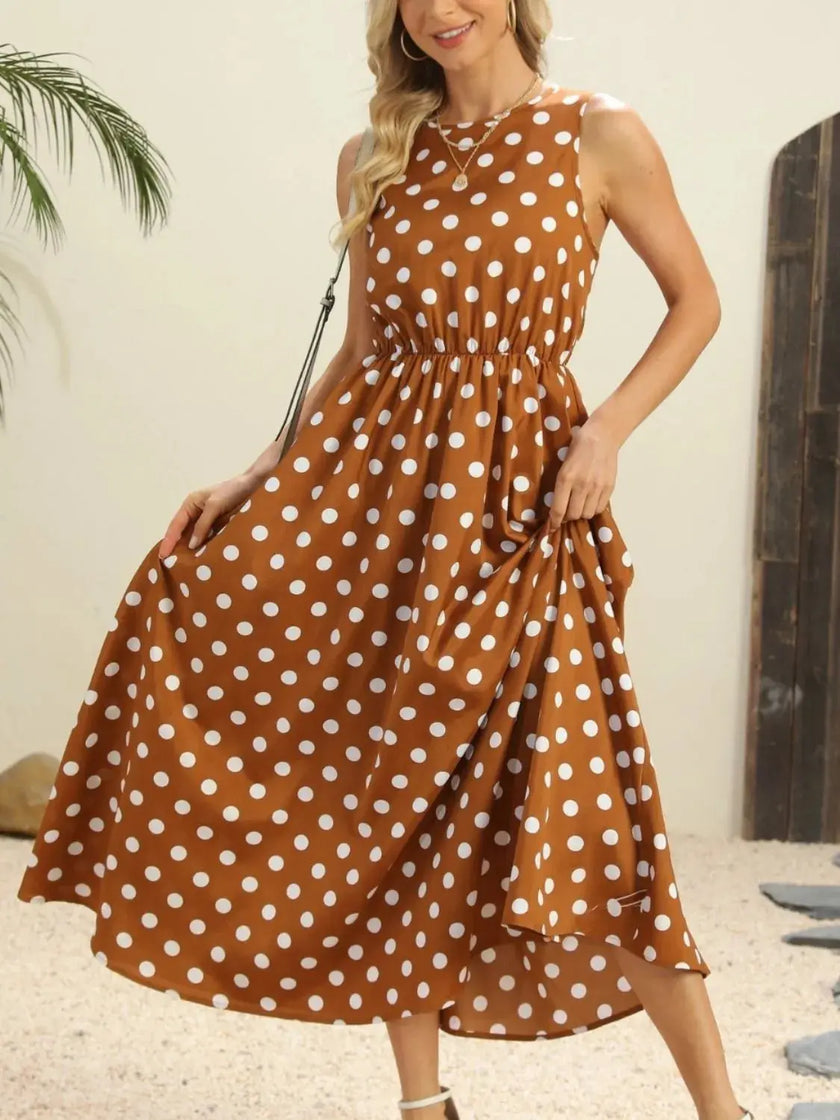 Polka Dot Round Neck Sleeveless Midi Dress  Style Ratio